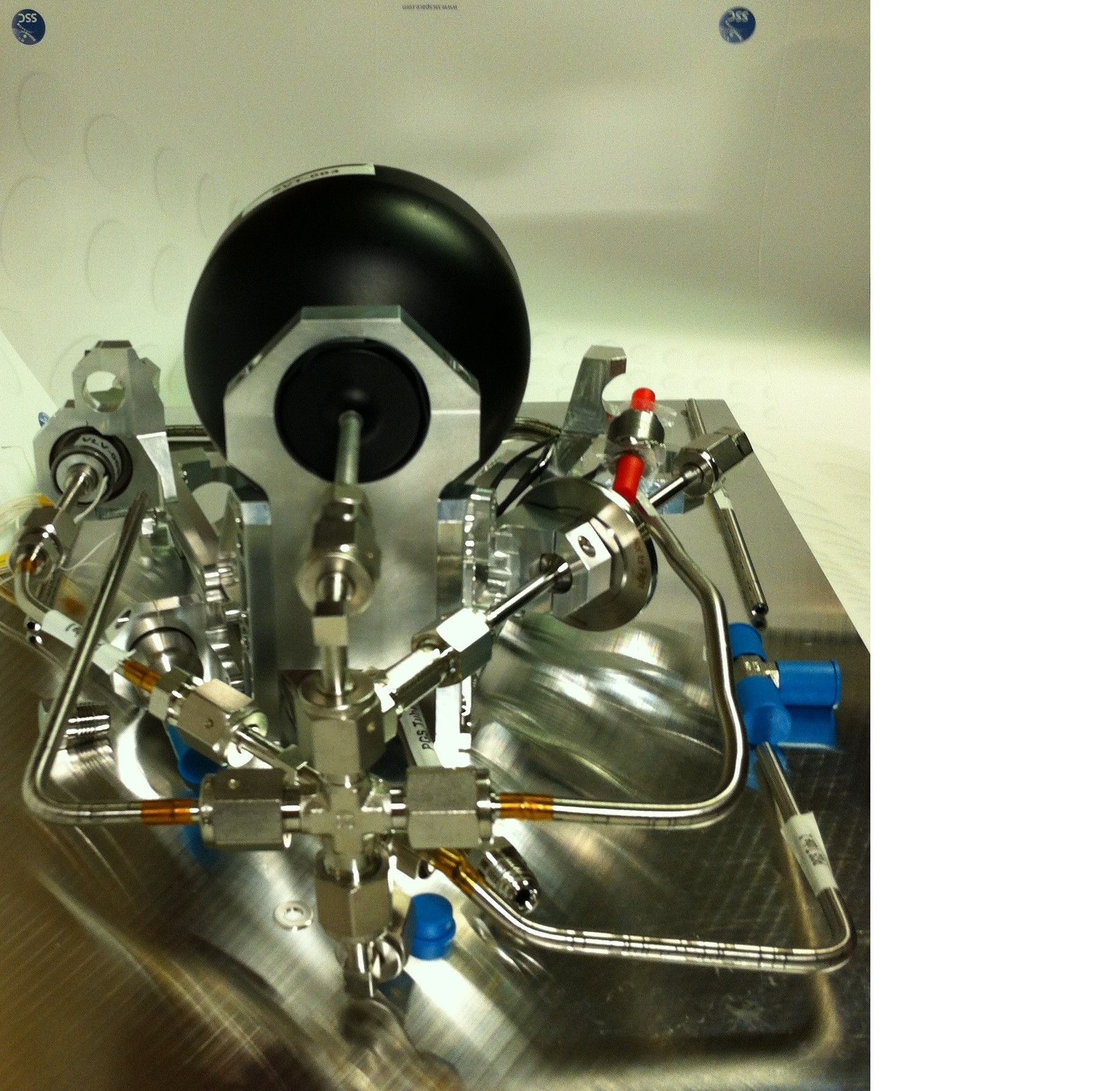 Photo: Propellant gauging system during assembly of engineering model. Photo: Propellant gauging system during assembly of engineering model.