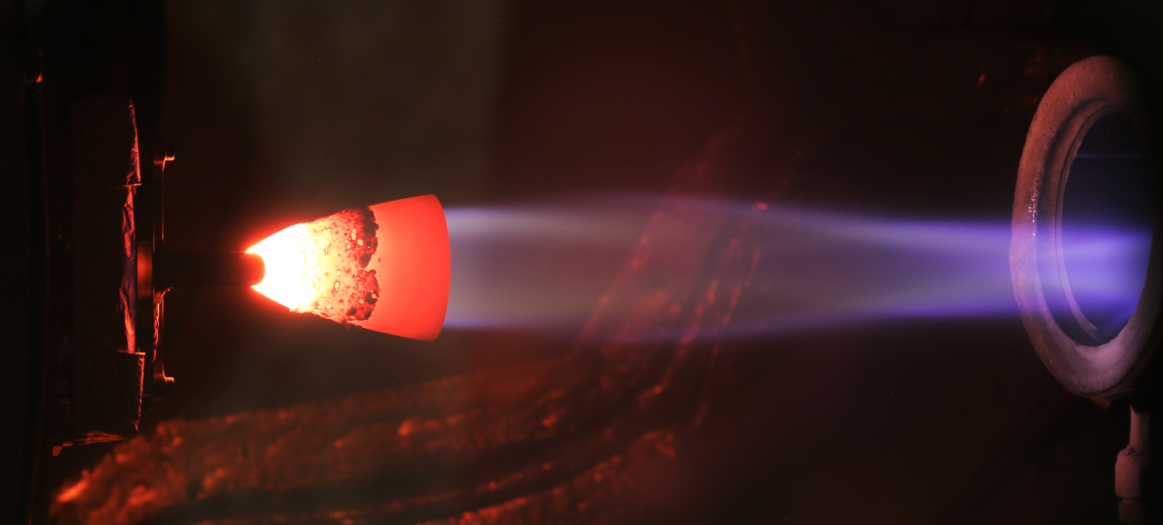 The LEROS 10 Thruster, developed by Nammo (U.K.) Ltd, undergoes hot-fire testing at their UK facility (Image credit: Nammo (U.K.) Ltd)